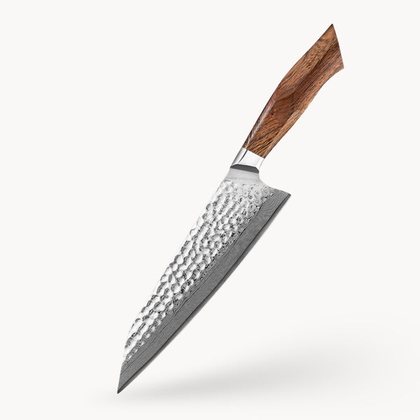 Faca de chef HALVOR BASALTO, lâmina SRS13 de acabamento martelado com cabo em desert ironwood facetado