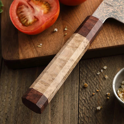 Faca Nakiri 7.2” em Aço Damasco Tricolor - Forja Fogo&Faca